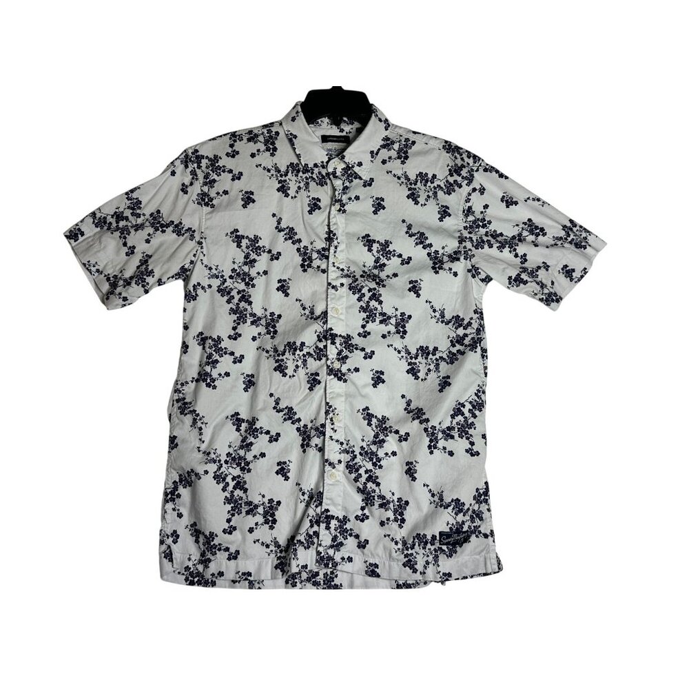 Men's White and Blue Floral Shirt